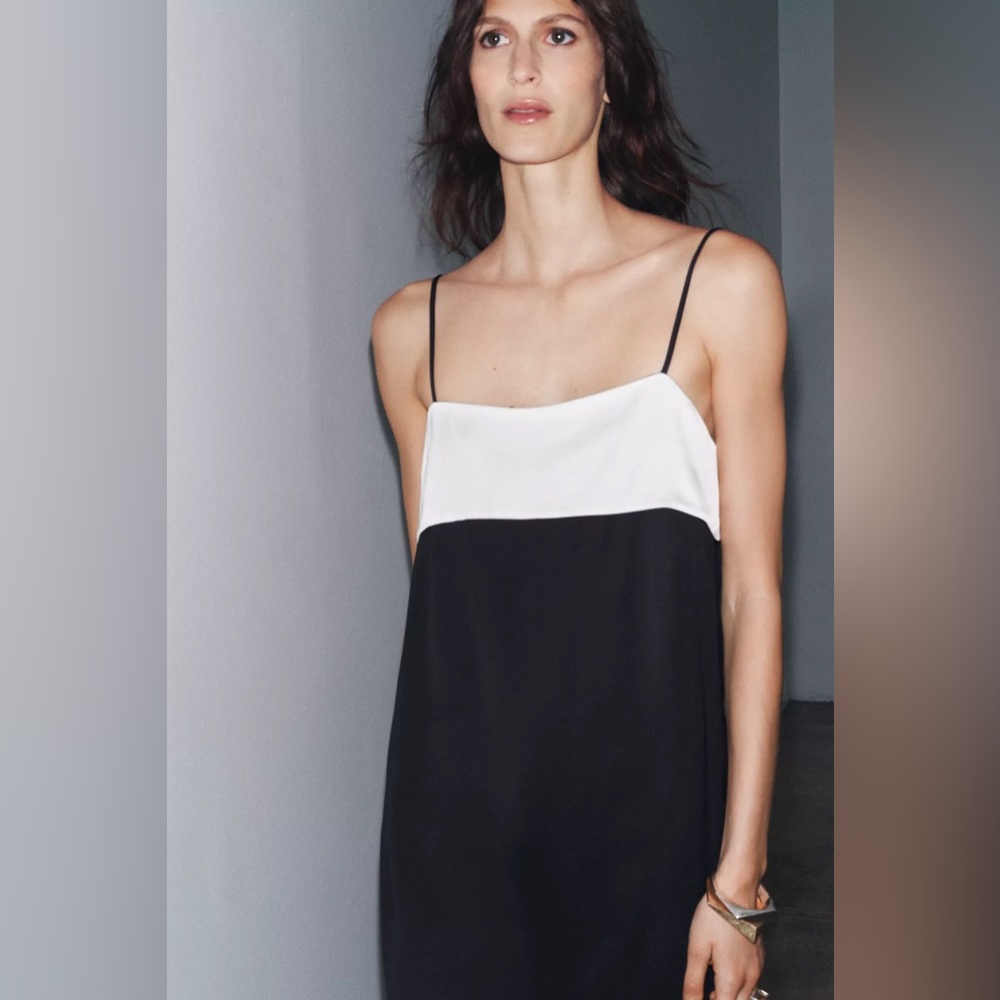 NWT Zara Woman Bloggers Fav ZW COLLECTION MINIMAL SATIN DRESS Black & White XL - Picture 4 of 12